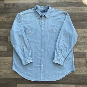 VTG Polo Ralph Lauren Dungaree Workshirt Mens 2XB BIG Blue Denim Button Up Shirt